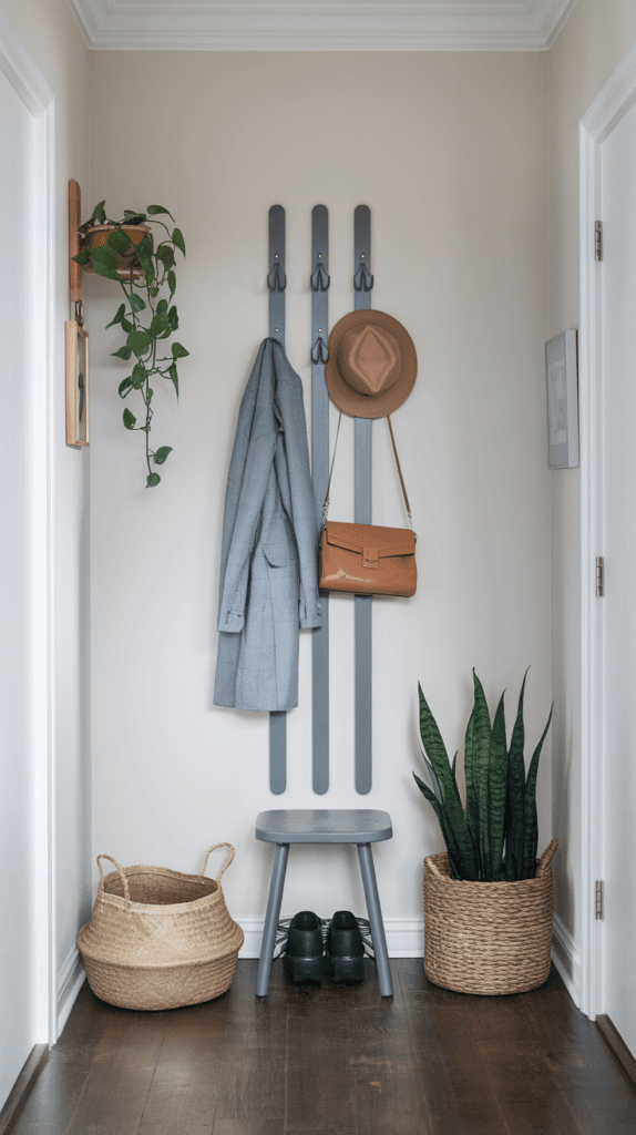 A vertical coat rack with multiple hooks in a hallway.