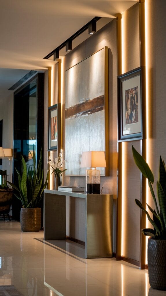 A hallway with a bold statement wall featuring abstract paintings and framed artwork.
