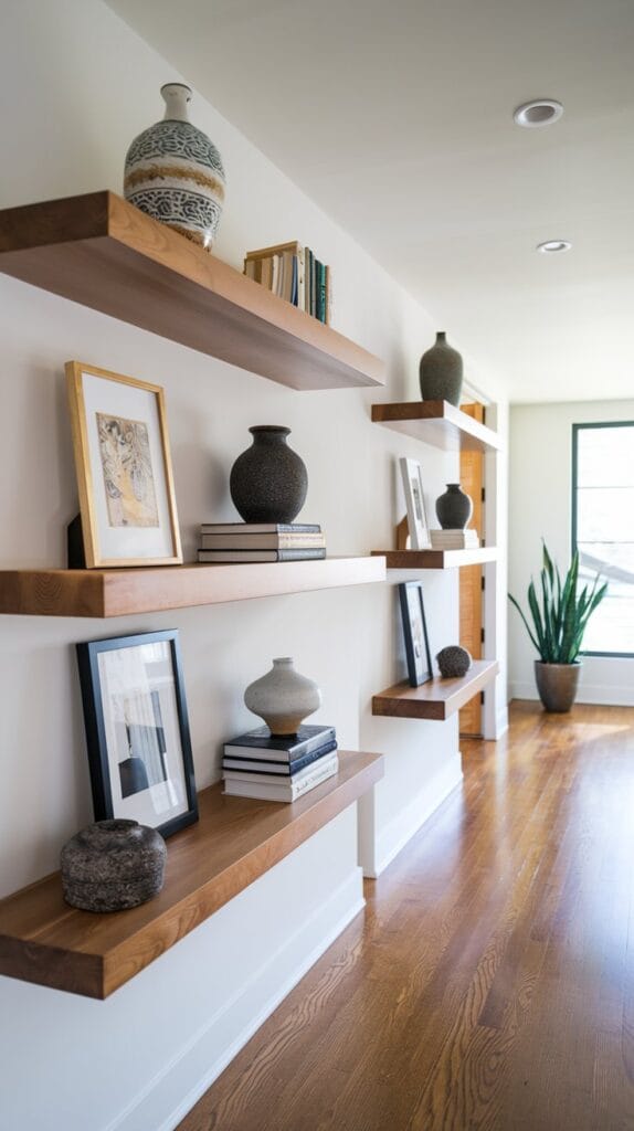  A hallway with floating wooden shelves displaying decor and books.