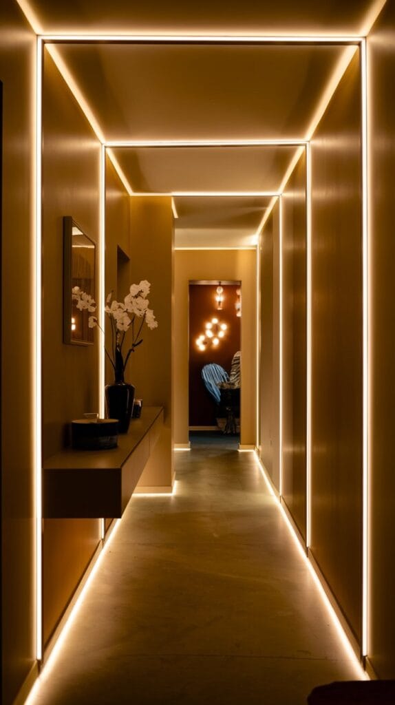 A hallway illuminated by LED strip lighting for a modern effect.