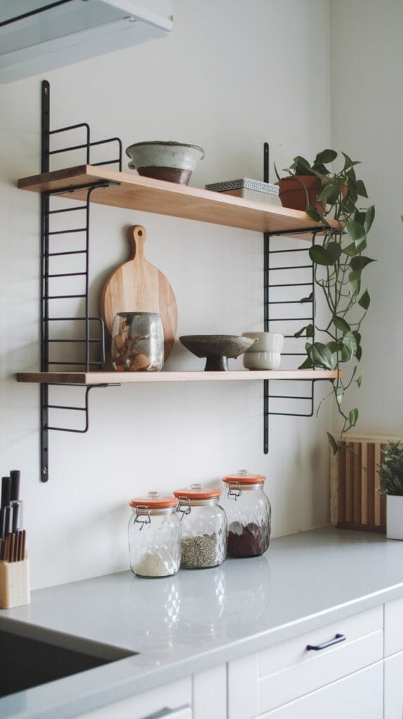 Modern kitchen with stylish floating shelves for storage.