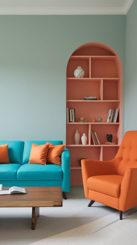 Living room with contrasting colors like turquoise and orange.