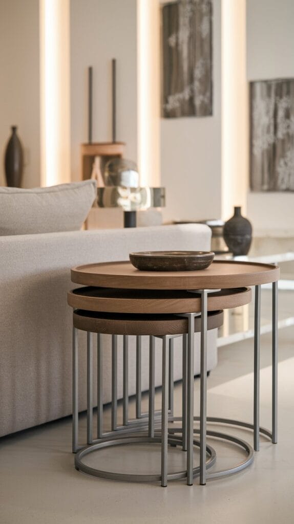 A stylish set of nesting tables in a small living room, neatly stacked for space-saving convenience.