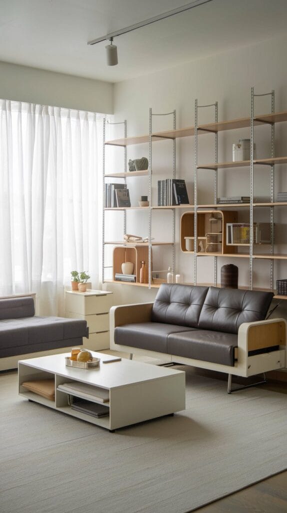 Multi-functional furniture in a modern living room offering versatility and practical storage solutions.
