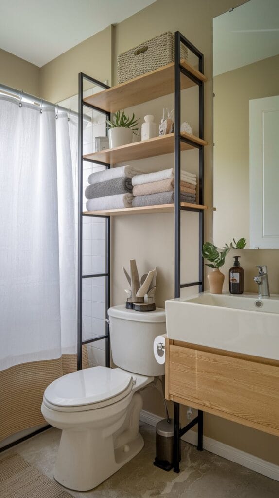 Over-the-toilet shelving in a modern small bathroom with neatly arranged toiletries and towels.