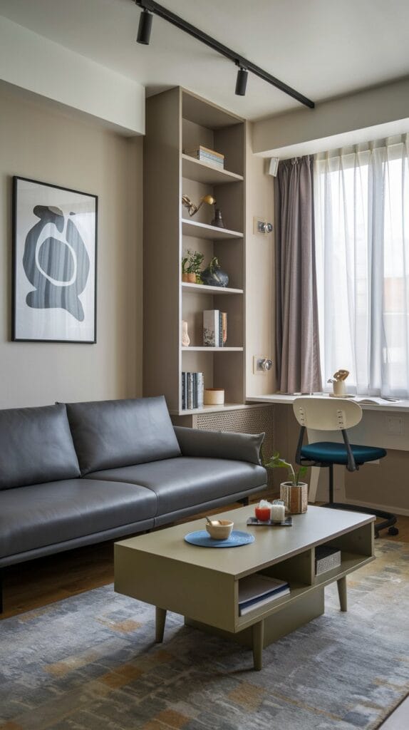 A small living room with multi-functional furniture, including a sofa bed and storage table.