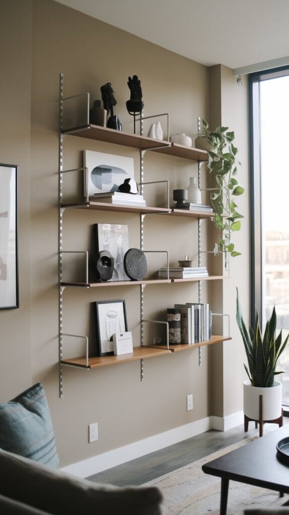 Floating wall shelves in a small living room, holding books, plants, and decor.