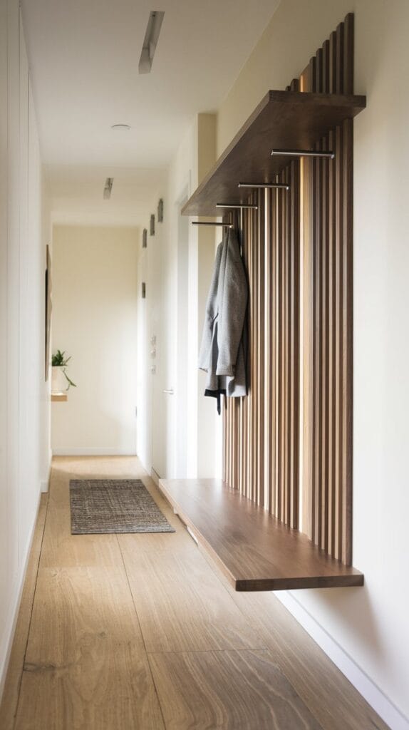  A sleek, wall-mounted floating bench in a modern hallway, providing space-saving seating.