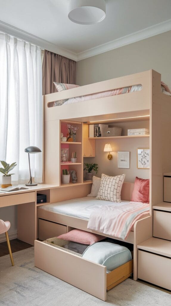 A teenage girl’s bedroom with space-saving multi-functional furniture for an organized layout.