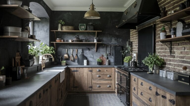 Moody farmhouse kitchen with rustic wooden cabinets, industrial lighting, and greenery.