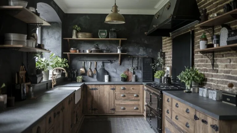 Moody farmhouse kitchen with rustic wooden cabinets, industrial lighting, and greenery.