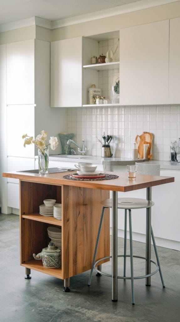 Multi-functional kitchen island that serves as a dining and work area.