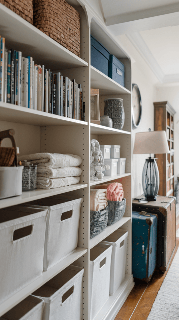 A narrow bookcase with storage bins and decorative elements in a hallway.