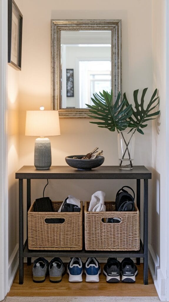 A slim console table in an entryway with a mirror and key bowl.