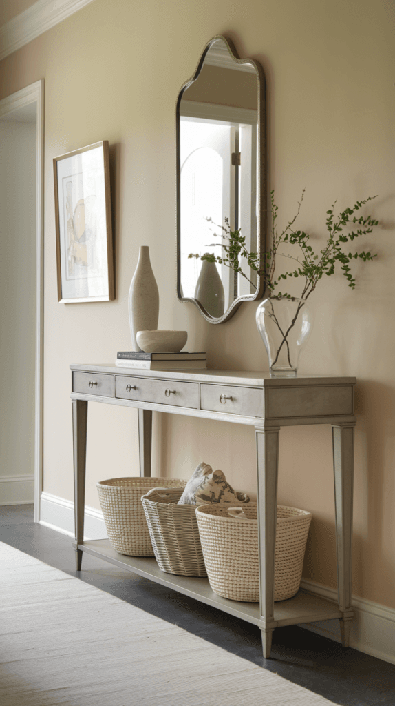 A slim console table with storage drawers and baskets in a narrow hallway.