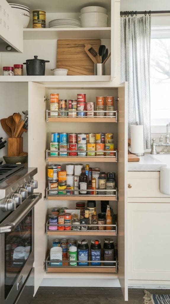 A pull-out pantry in a small kitchen with neatly organized food items.
