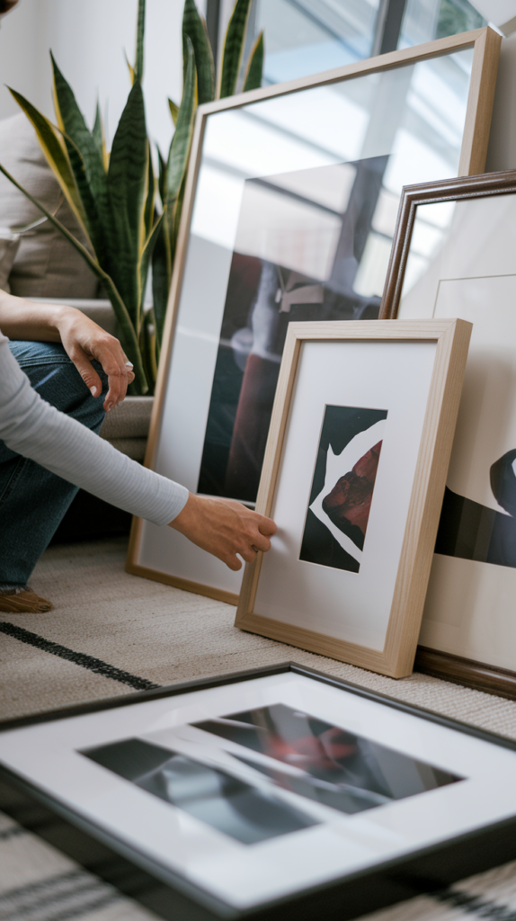 Person adjusting framed artwork to ensure visual balance for their gallery wall.