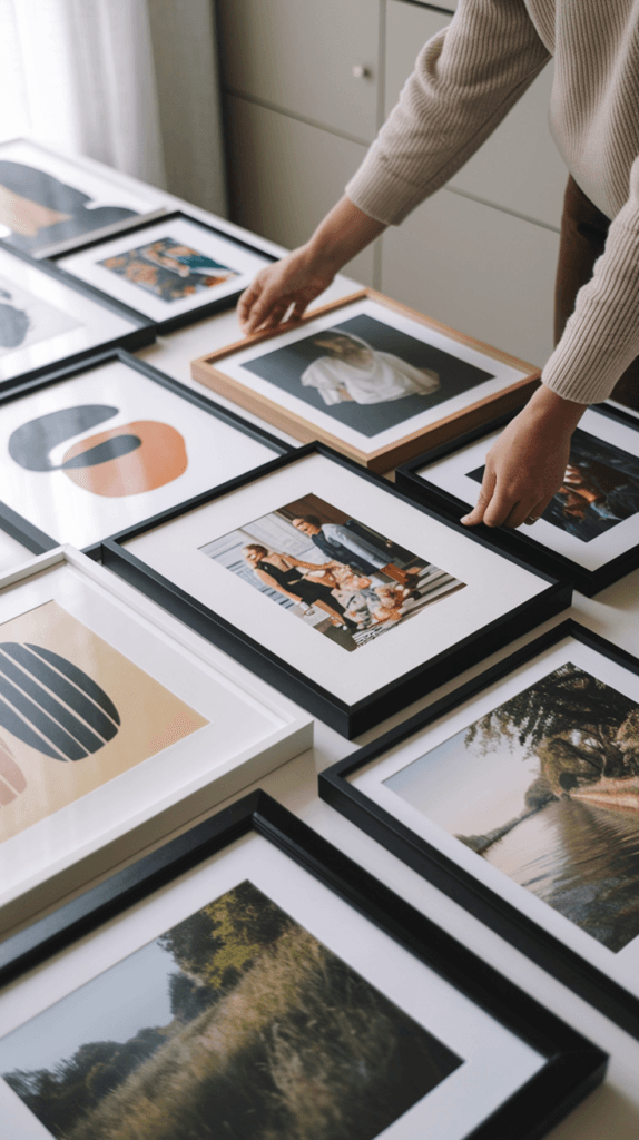 Person selecting a theme or style for their gallery wall by examining different artworks.
