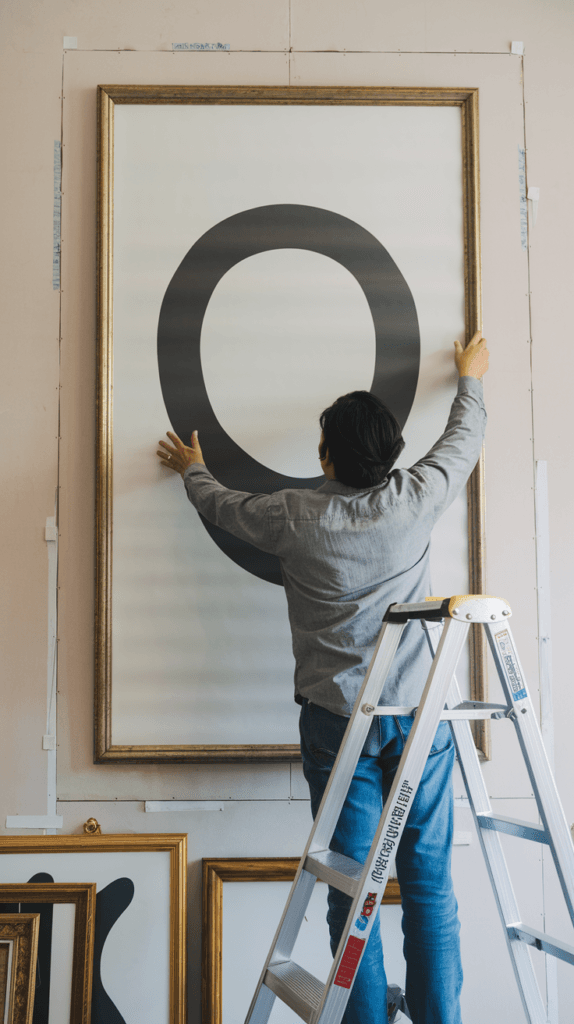Person hanging the central piece of artwork on a gallery wall.