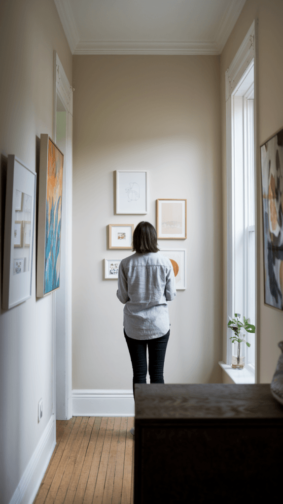 Person selecting the perfect wall space for a gallery wall in a hallway.