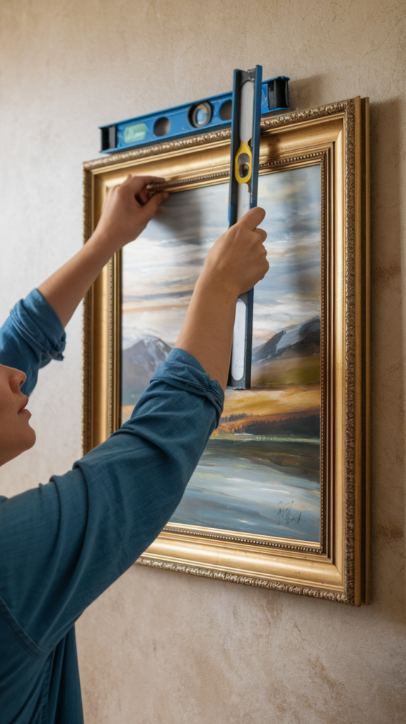 Person using a level and hammer to hang artwork on a wall.