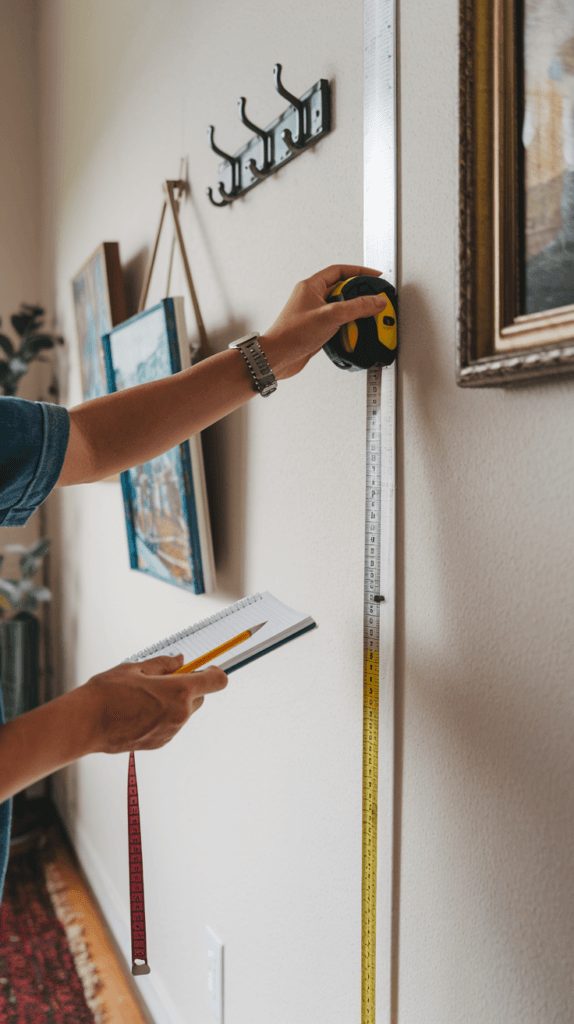 Person measuring a wall and planning the layout for their gallery wall.