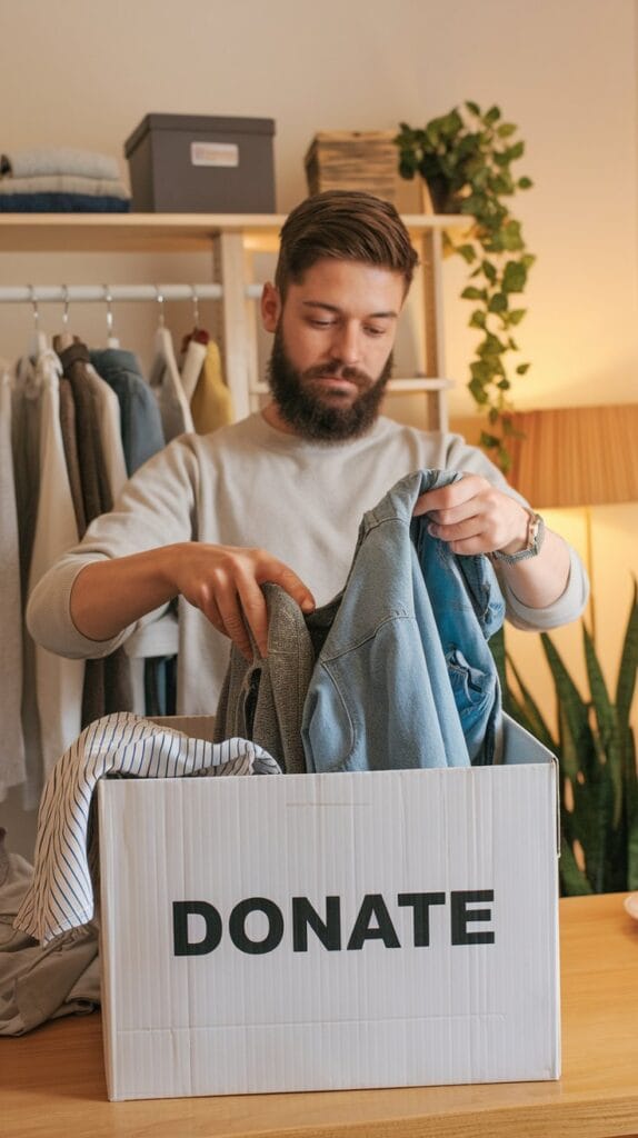 A person decluttering a closet, placing items into a donation box.