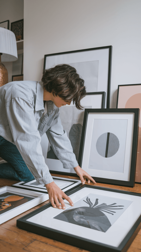 Person arranging framed artwork on the floor to plan their gallery wall layout.