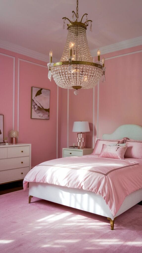 Elegant crystal chandelier with gold accents in a pink bedroom.