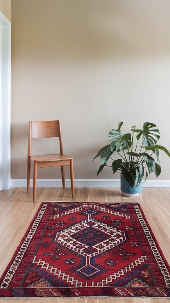 Bold patterned statement rug in a stylish entryway.