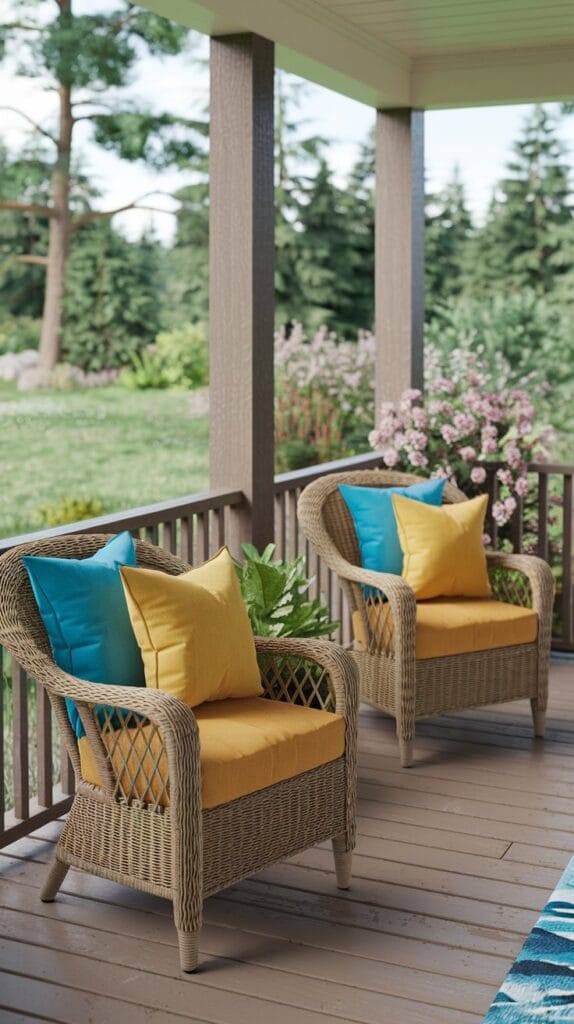 Durable outdoor rug on a front porch adding texture and warmth to the space.