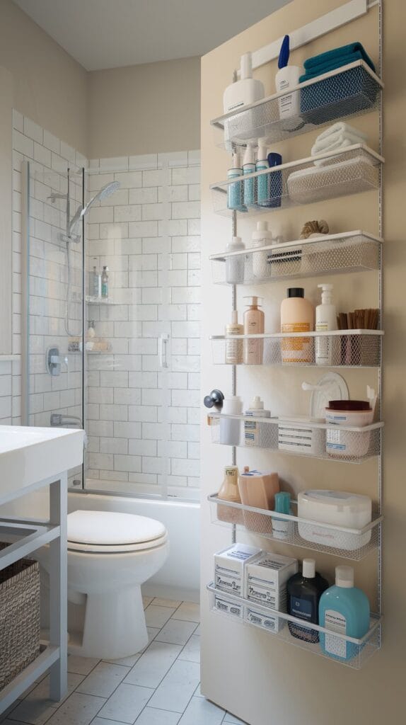 Over-the-door organizer storing bathroom essentials.