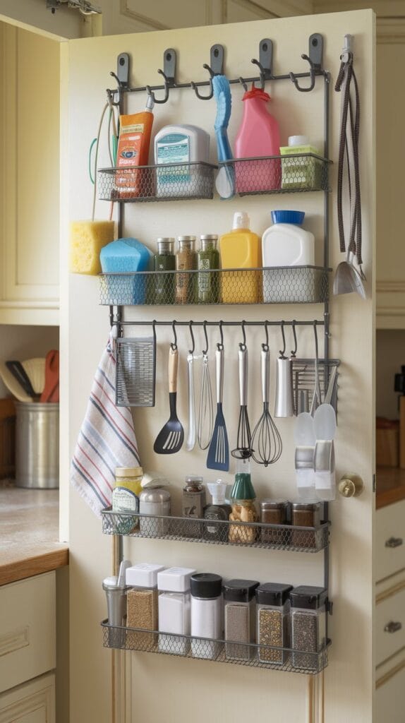 Over-the-door organizer hanging in a kitchen for extra storage.