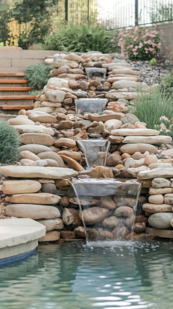 A backyard water feature with flowing water and lush greenery.