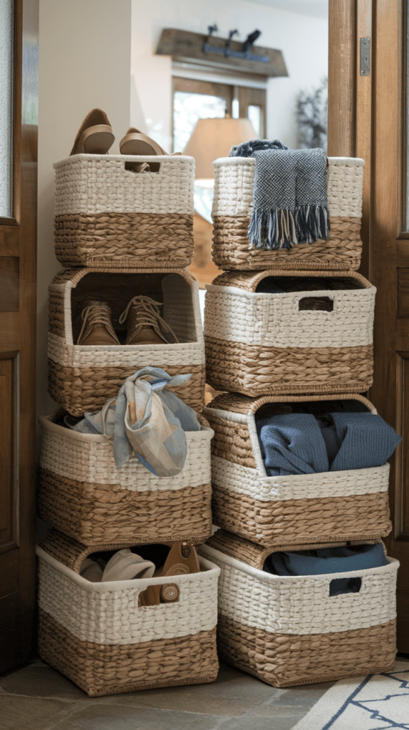 Stackable woven storage baskets in a hallway for organizing essentials.