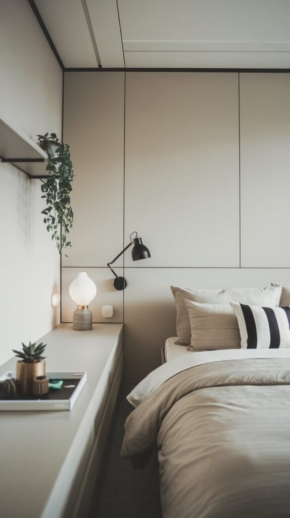 Minimalist small bedroom with neutral tones and a clutter-free design.