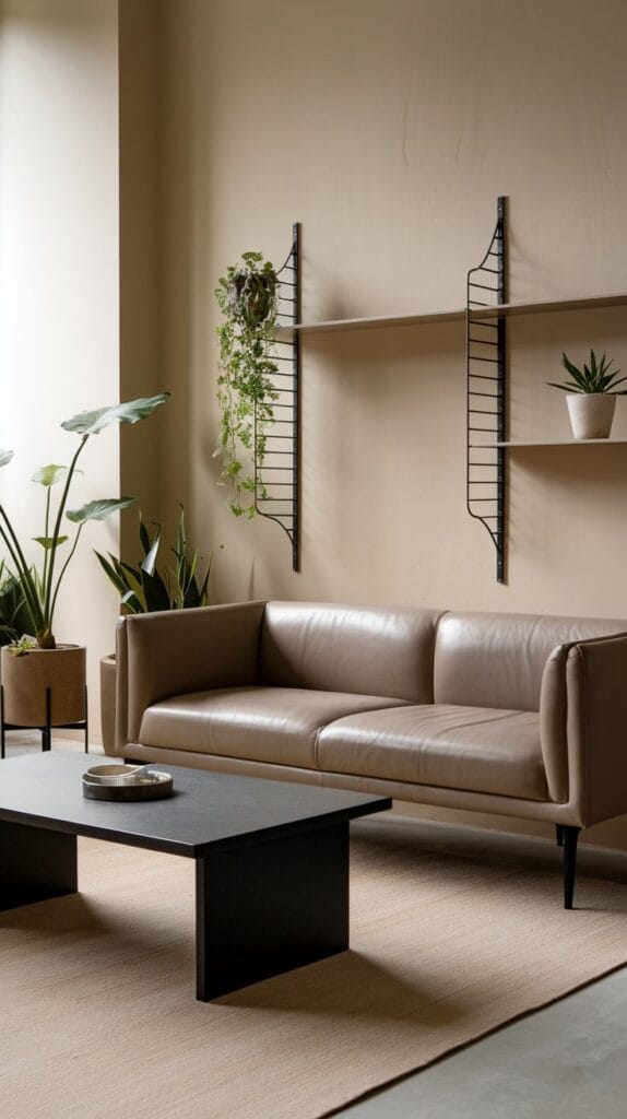 A minimalist small living room with sleek furniture and a clean design.