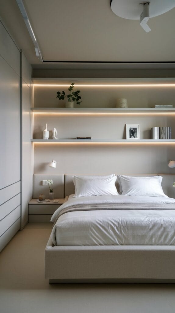 A minimalist teenage girl’s bedroom with neutral tones, sleek furniture, and a clutter-free design.