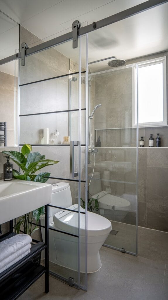 Space-saving sliding door in a small bathroom.