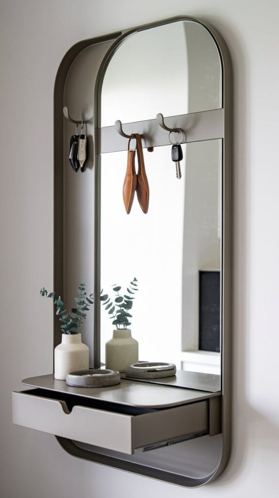 Mirror with built-in storage in a stylish entryway.