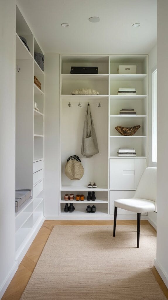 A modern hallway with built-in shelves, a shoe rack, and smart storage solutions.