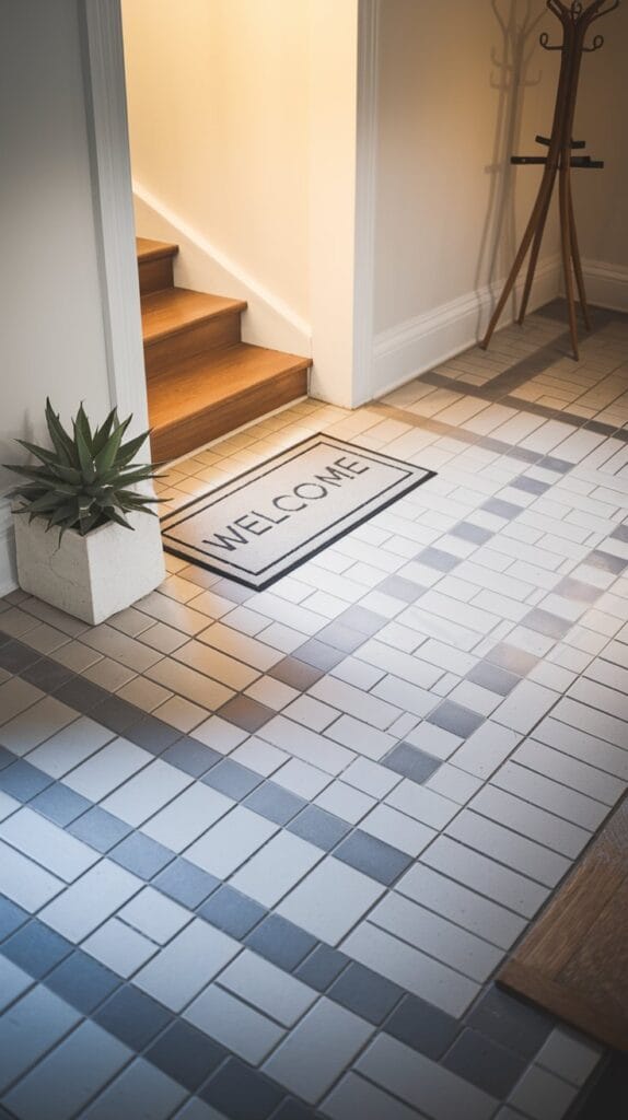 Modern entryway with sleek rectangular tile flooring.