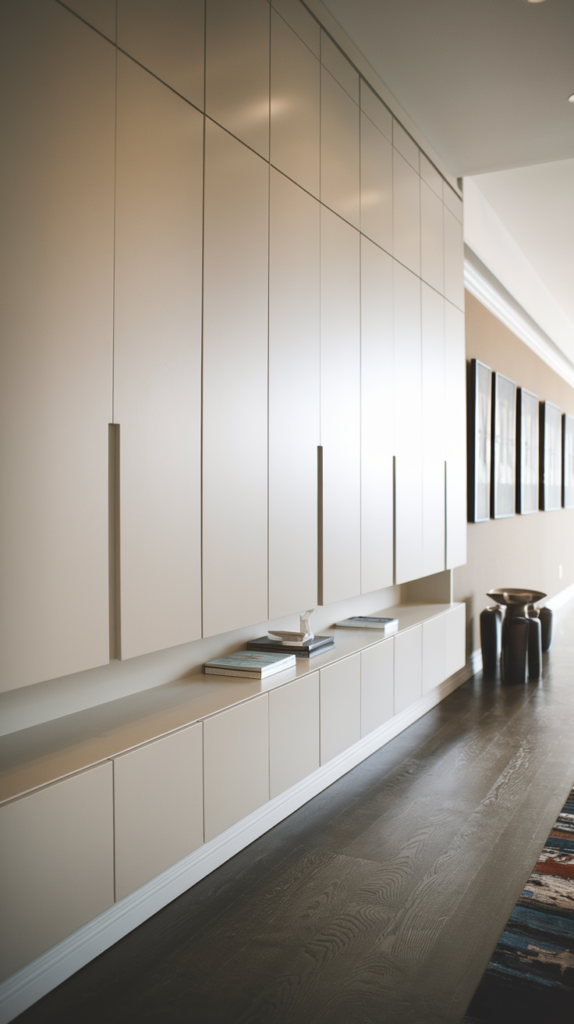 Floating cabinets in a modern hallway for hidden storage.