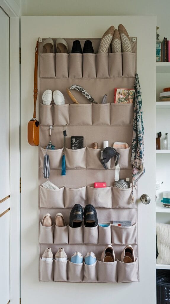 Over-the-door organizer with pockets storing entryway essentials.