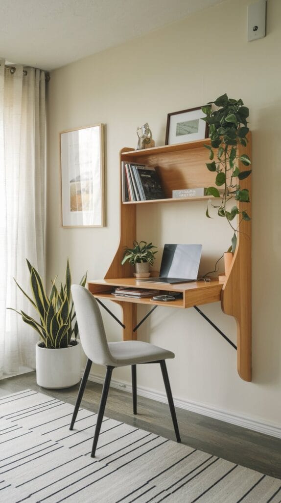 A wall-mounted foldable desk in a small living room, folded down into a compact workspace.