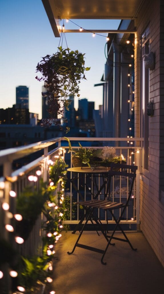 String lights creating a cozy ambiance on a small balcony in the evening.
