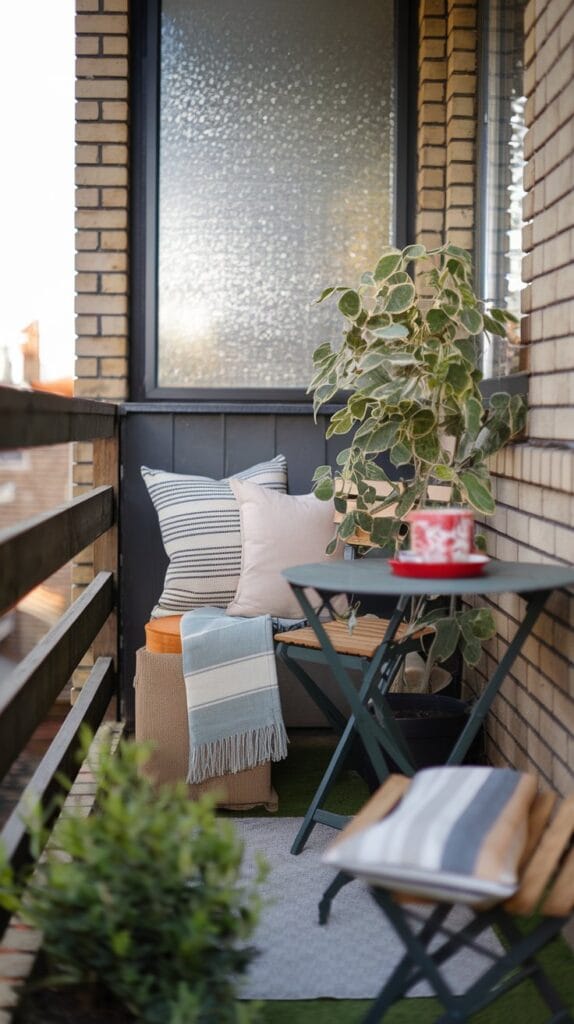 Cozy seating corner with cushions and throws on a small balcony for a relaxing atmosphere.