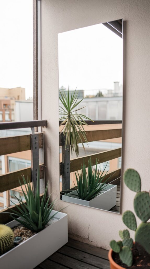 Large mirror on a small balcony reflecting plants and light, creating a sense of space.