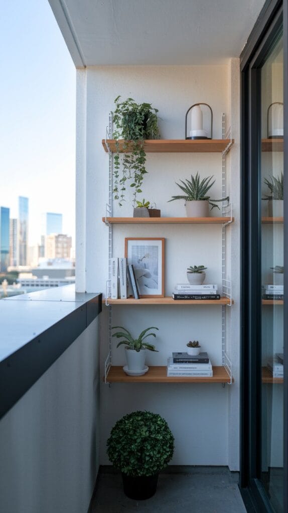 Floating shelves on a small balcony offering storage and decorative space.