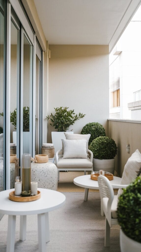 Minimalist design on a small balcony with clean lines and simple decor.